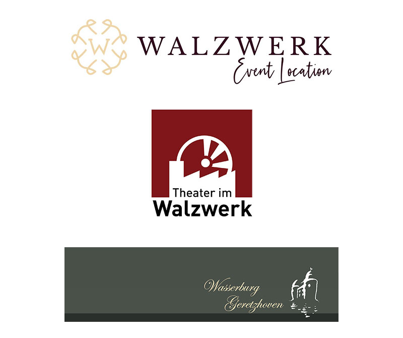 Logos für „Walzwerk Event Location“ in Schreibschrift, „Theater im Walzwerk“ mit stilisiertem Gebäude-Icon und „Wasserburg Geretzhoven“ in eleganter Schreibschrift mit Burgillustration.