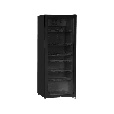 Der Kühlschrank 237 L ist ein hoher, schwarzer Weinkühlschrank mit transparenter Glastür und mehreren verstellbaren Einlegeböden. Er ist freistehend und für die effiziente Lagerung und Präsentation von Weinflaschen konzipiert.