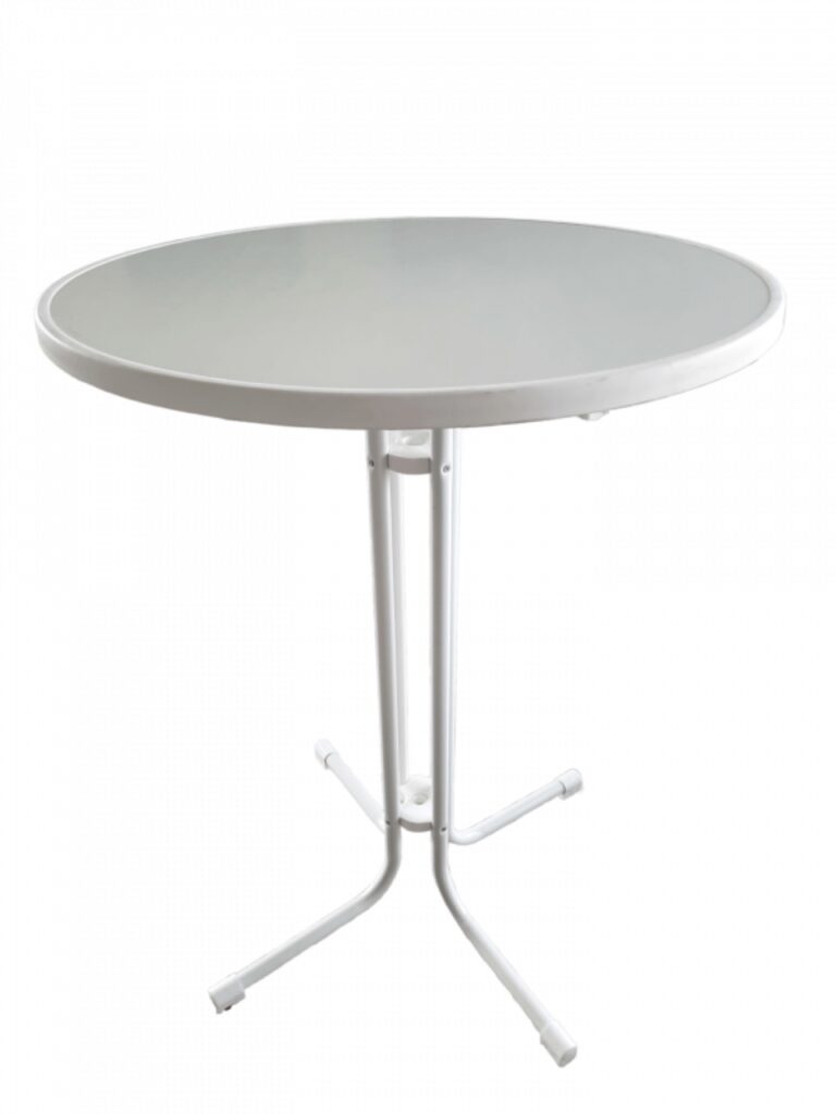 Der Stehtisch 80 cm ⌀ ist ein runder, weißer Metalltisch mit grauer Tischplatte im minimalistischen Design. Er steht auf drei schlanken Beinen, die einen Dreibeinfuß bilden, und seine glatte Oberfläche ist reflektierend.