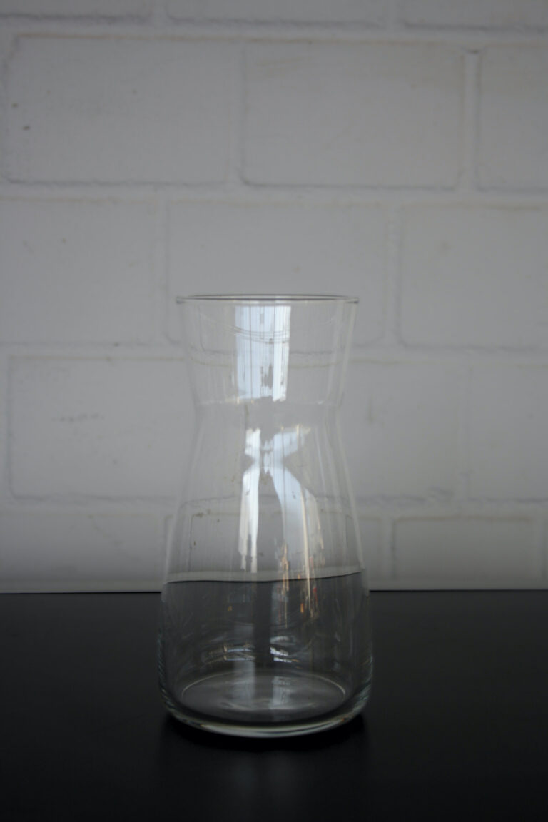 Die Wasserkaraffe, eine hohe, klare Glaskaraffe mit elegant geschwungenem Hals, steht auf einer dunklen Fläche vor einer weißen Ziegelwand. Lichtreflexe zieren ihre Oberfläche.