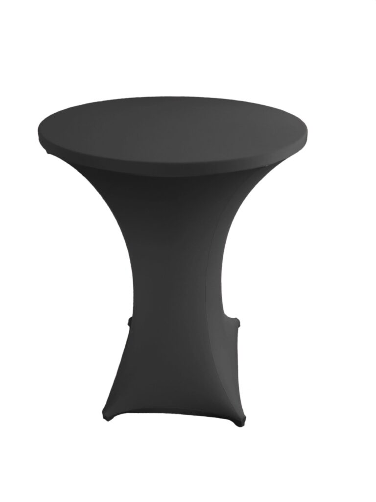 Der „Strechhusse Stehtisch verschiedene Farben“ ist ein schwarzer, runder Tisch mit elegantem Stretchbezug und Säulendesign. Die breite Platte und der schmale Fuß verleihen ihm einen eleganten Look. Ideal für moderne oder Event-Umgebungen.